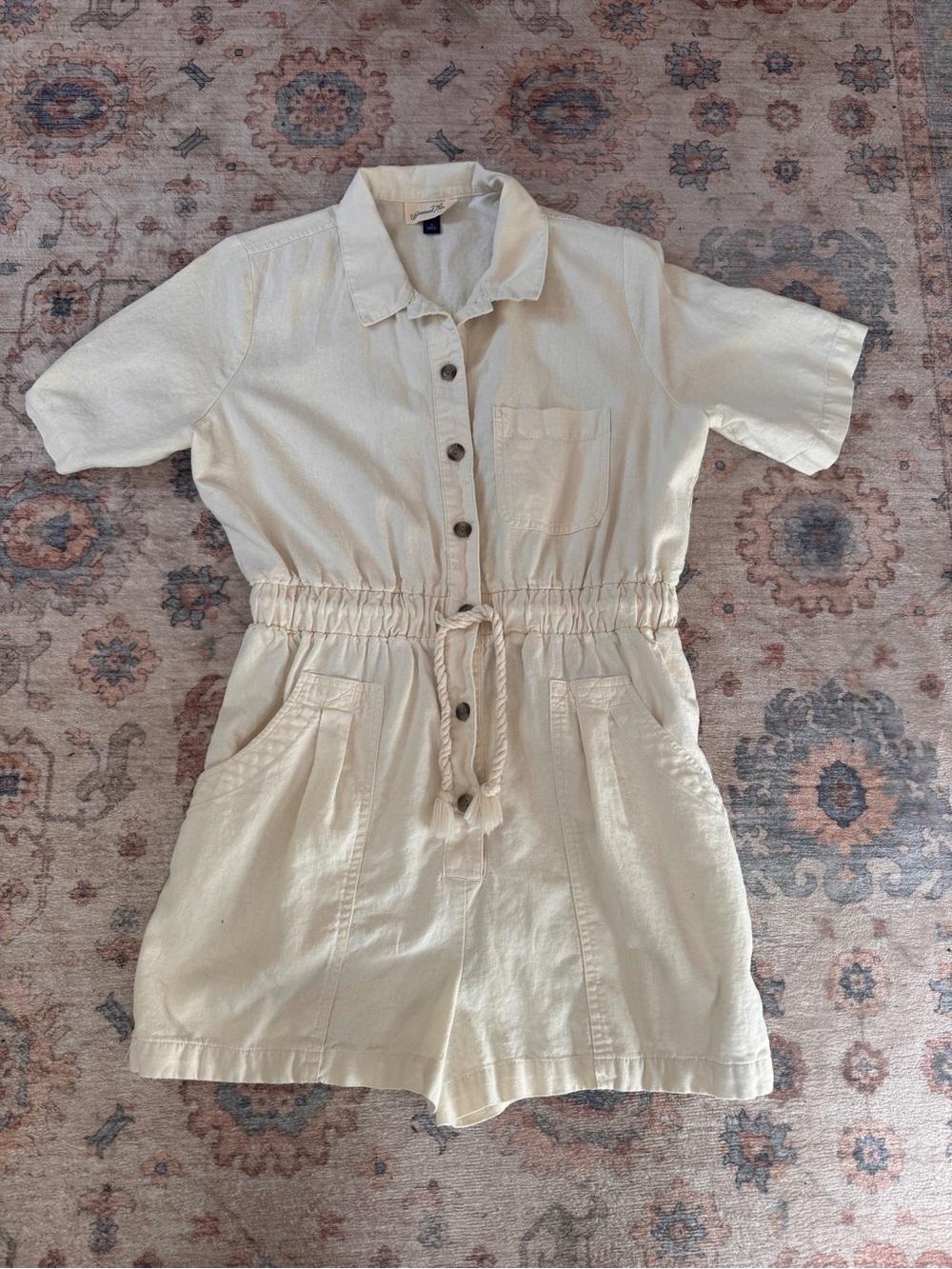 Cream Short-Sleeve Button Romper lightweight one-piece